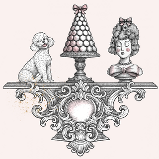 mantel illustration with statue head, dog and tower in center