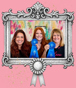 photo of award with illustrated frame and pink background