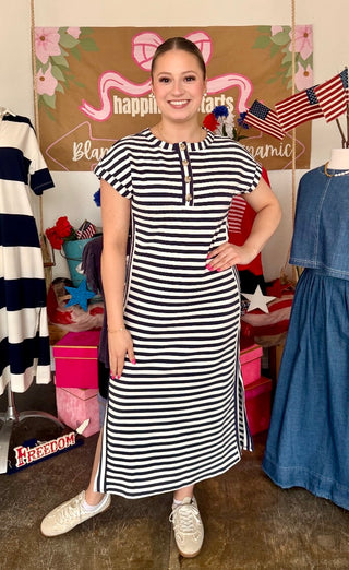 Yvonne Striped Midi Dress in Navy