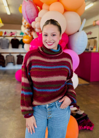 Anya Striped Wine Turtleneck Knit Sweater