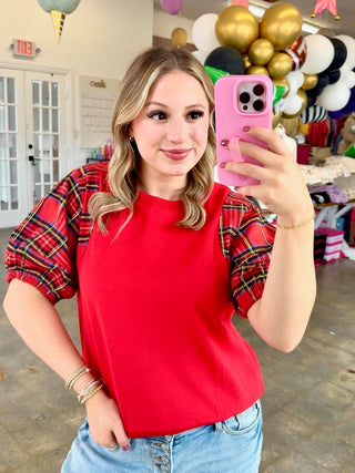 Virelle Red Plaid Puff Sleeves Top