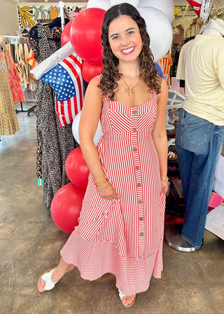 Primo Button Down Red Striped Midi Dress