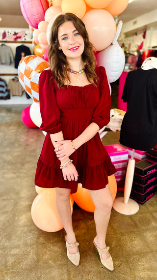 Lupita 3/4 Sleeve Lace Mini Dress in Burgundy