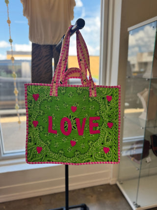 Green Love Quilted Tote Bag