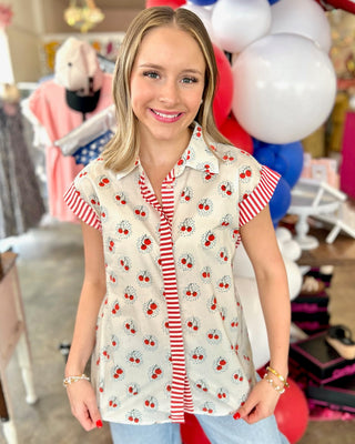 Cherry Print Collared Button Down Top