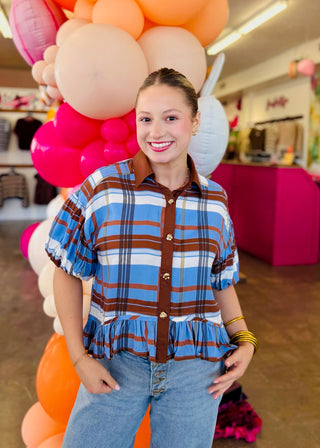 Elmer Plaid Short Puff Sleeve Top in Blue