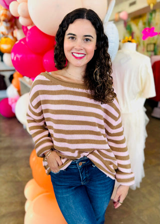 Velma Off-Shoulder Cowl Neck Sweater in Mocha/Pink