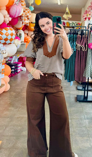 Rosavie Brown Striped Puff Sleeve Top