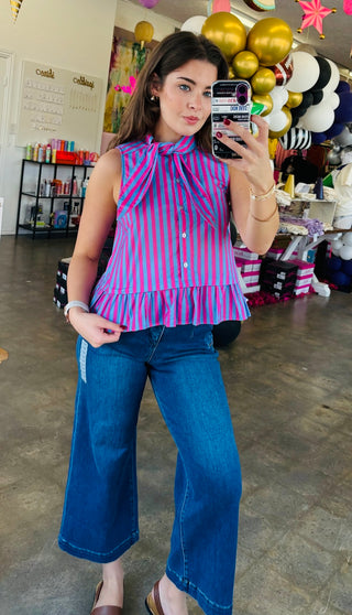 Baron Pink/Blue Striped Peplum Sleeveless Top