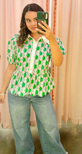 Axton Peplum Collared Top in Green & Pink