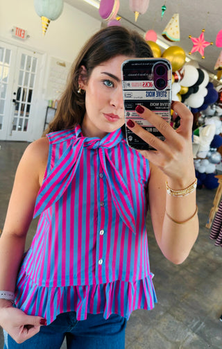 Baron Pink/Blue Striped Peplum Sleeveless Top