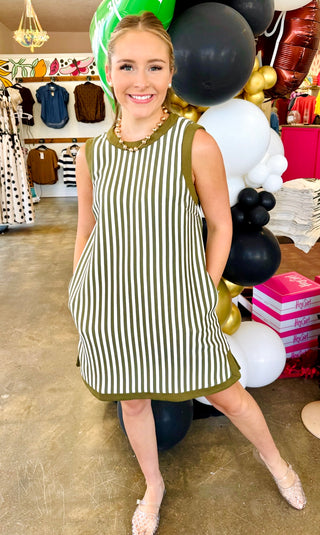 Odine Stripe Sleeveless Mini Dress in Olive