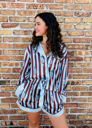 Henriette Stipe PJ Set in Dusty Blue/Brown