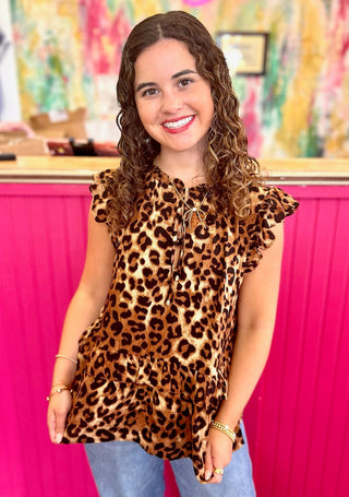 Lyle Brown Leopard Flutter Sleeve Top