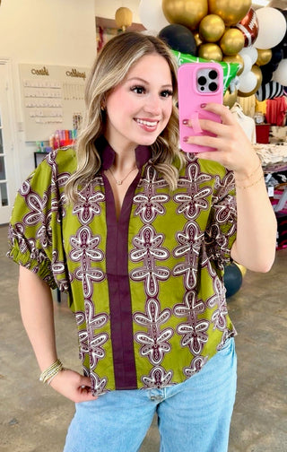 Luna Puff Sleeve Top in Olive Print