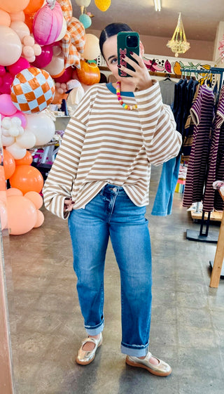 Delsie Tan Color Block Knit Top
