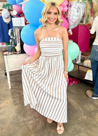 Kallie Striped Strapless Dress in Cream