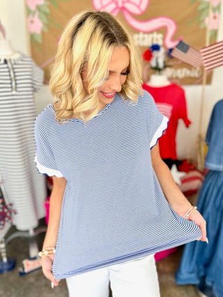 Romee Jersey Top in Ivory/Royal Blue