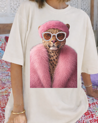 Pink Coat Leopard Crystal Cream Graphic Tee