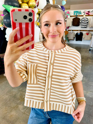 Carrie Button Down Khaki Striped Knit Top