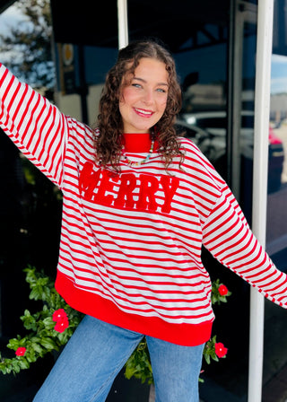 Striped Merry Patchwork Mock Neck Top in Ivory/Red