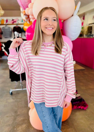 Deon Stripe Waffle Top in Pink/Cream