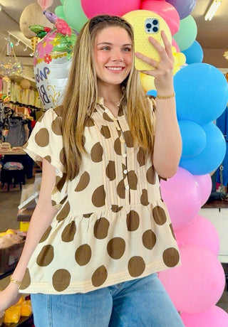 Jansen Khaki Polka Dot Ruffle Top