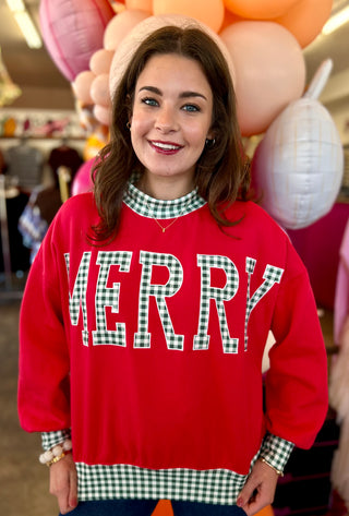 Gingham Trim Merry Patch Pullover in Red