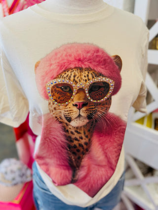 Pink Coat Leopard Crystal Cream Graphic Tee