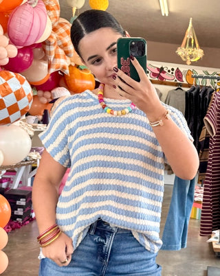 Celeste Dusty Blue Striped Round Neck Top