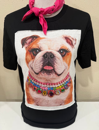 Jeweled Collar Bulldog on Black Tee