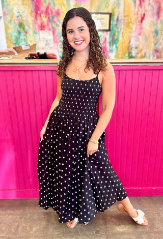 Nannie Black Smocked Polka Dot Midi Dress