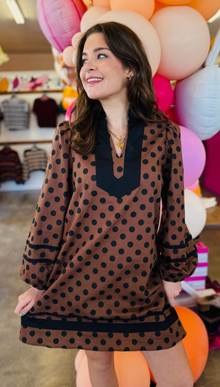 Calyssa Brown Polka Dot Long Puff Sleeve Dress