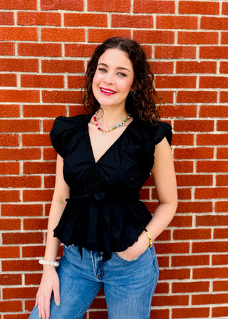 Emmie Peplum Short Sleeve Top in Black