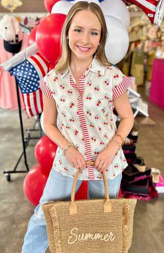 Cherry Print Collared Button Down Top