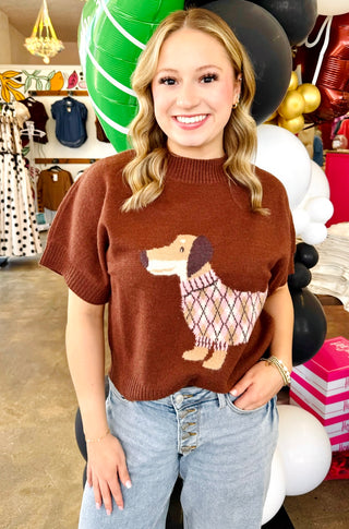 Evania Dog Graphic Knit Top in Mocha