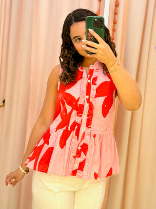 Casper Sleeveless Peplum Top in Pink & Red