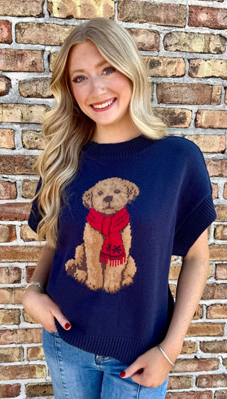 Navy Jacquard Puppy Short Sleeve Sweater