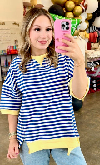 Ivie Oversized Stripe Top in Blue/Cream