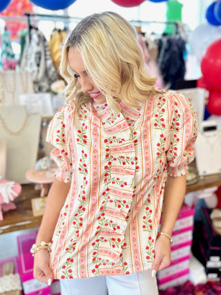 Janeth Red Print Puff Sleeve Blouse