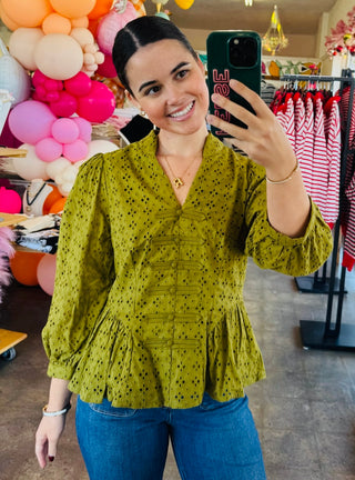 Harley 3/4 Puff Sleeve Eyelet Top in Olive