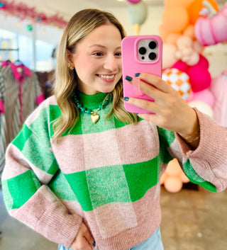 Novelle Knit Mock Neck Sweater in Green/Blush