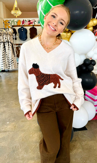 Dapper Dachshund V-neck Cream Sweater