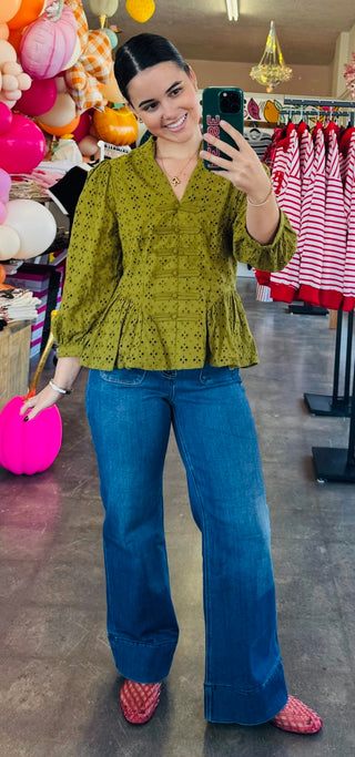 Harley 3/4 Puff Sleeve Eyelet Top in Olive