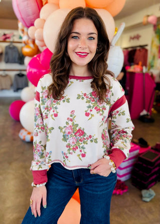 Lindz Floral Brushed Terry Top in Ivory/Marsala
