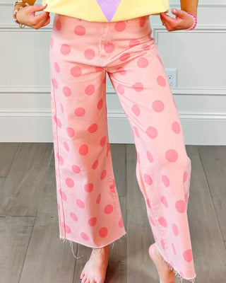 Blush Pink Polka Dot Stretchy Denim Pants