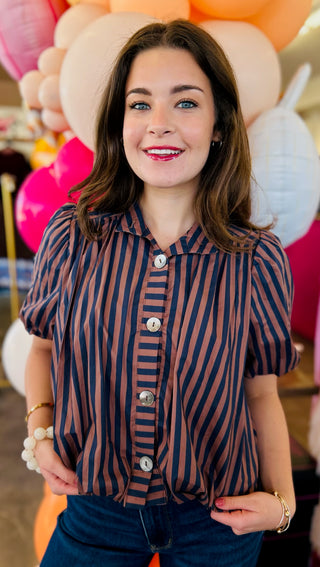 Leonie  Puff Sleeve Top in Navy Brown