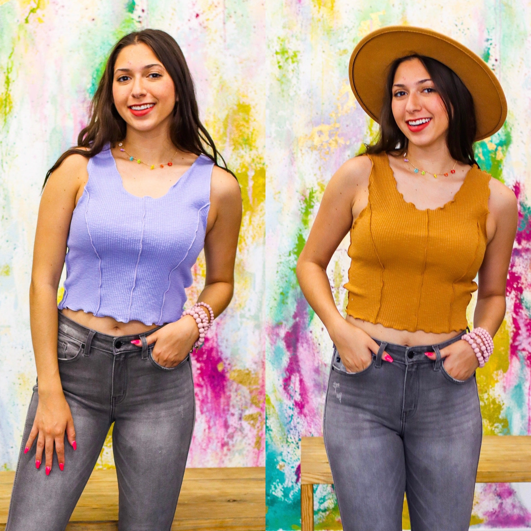 tank top shown in blue and in camel